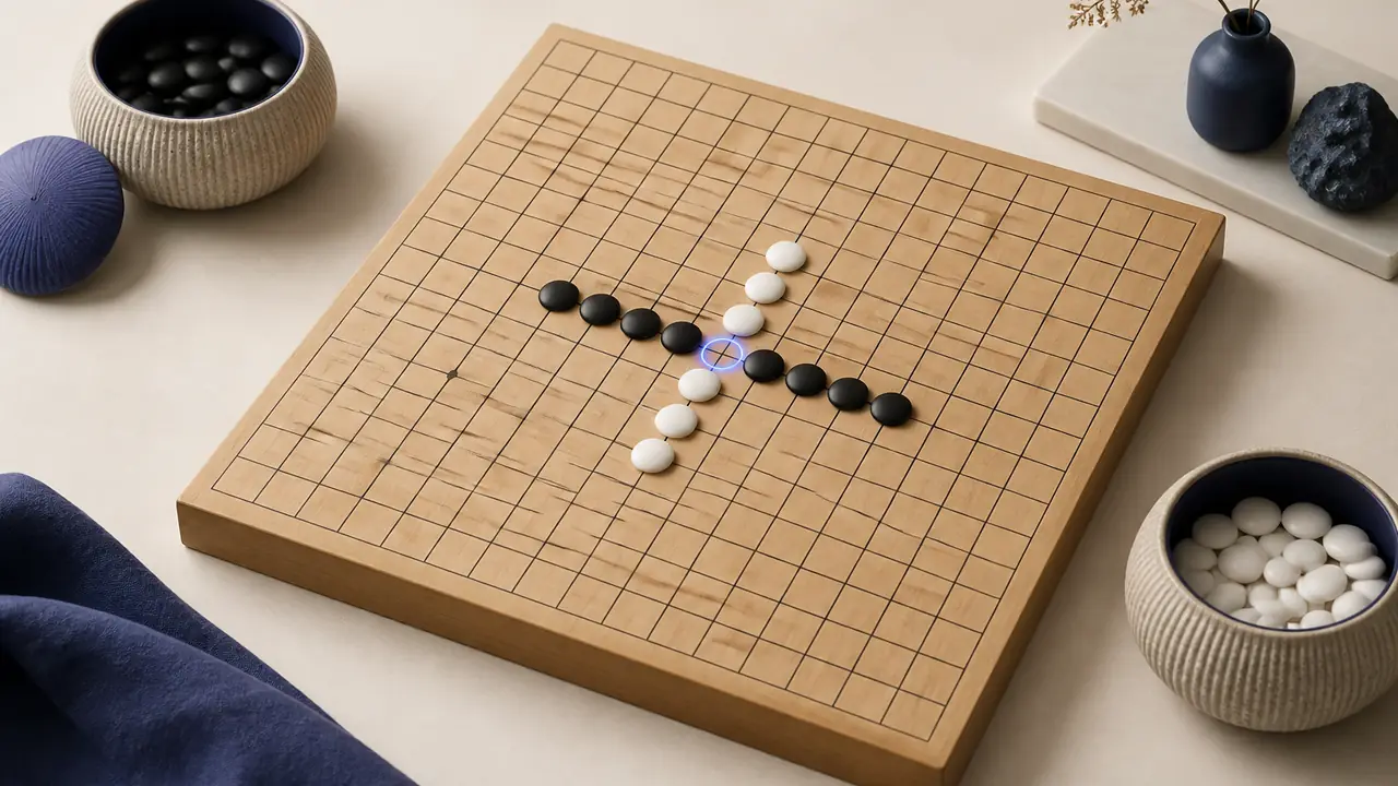 A gomoku board with black and white lines crossing at a highlighted intersection